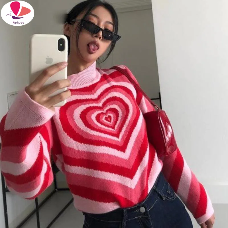 

Y2K Knitted Sweater Aesthetics Heart Striped Pullovers Sweater Girls Sweet Long Sleeve Turtleneck Jumper Autumn Streetwear