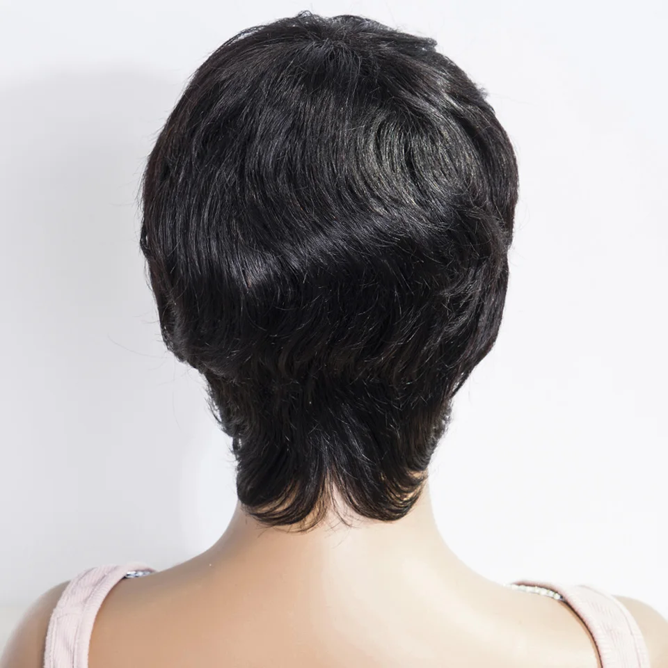 레커 블랙 숏 픽시컷 밥 100% 인모 가발 여성용 브라질 레미 헤어 풀 머신 메이드 데일리 오피스 웨어 고 가발
