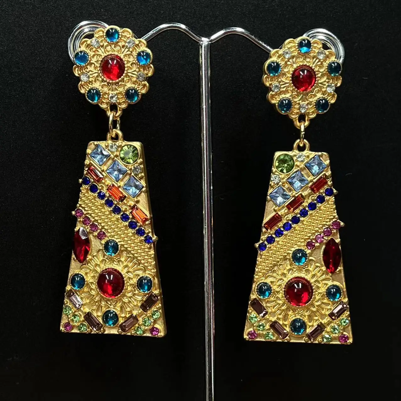 

Vintage European Antique Geometric Gold Plated Earrings With Colorful Zircon Light Luxury Heavy Industry Exaggerated Jewelry