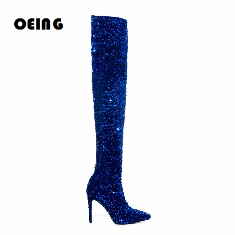 

Women Bling Stretch Sequin Thigh-high Boots Sexy Pointed Toe Over The Knee Boot Female Banquet Booties Shoes Botas De Mujer 44