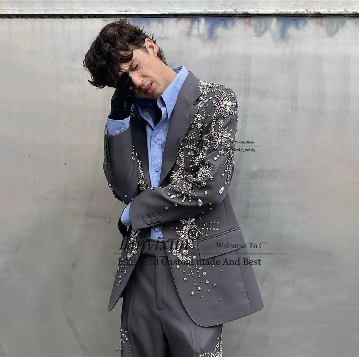 

Luxury Beaded Men Suits Notched Peak Lapel Groom Wedding Tuxedos 2 Pieces Sets Male Prom Blazer Hombre Slim Fit Costume Homme