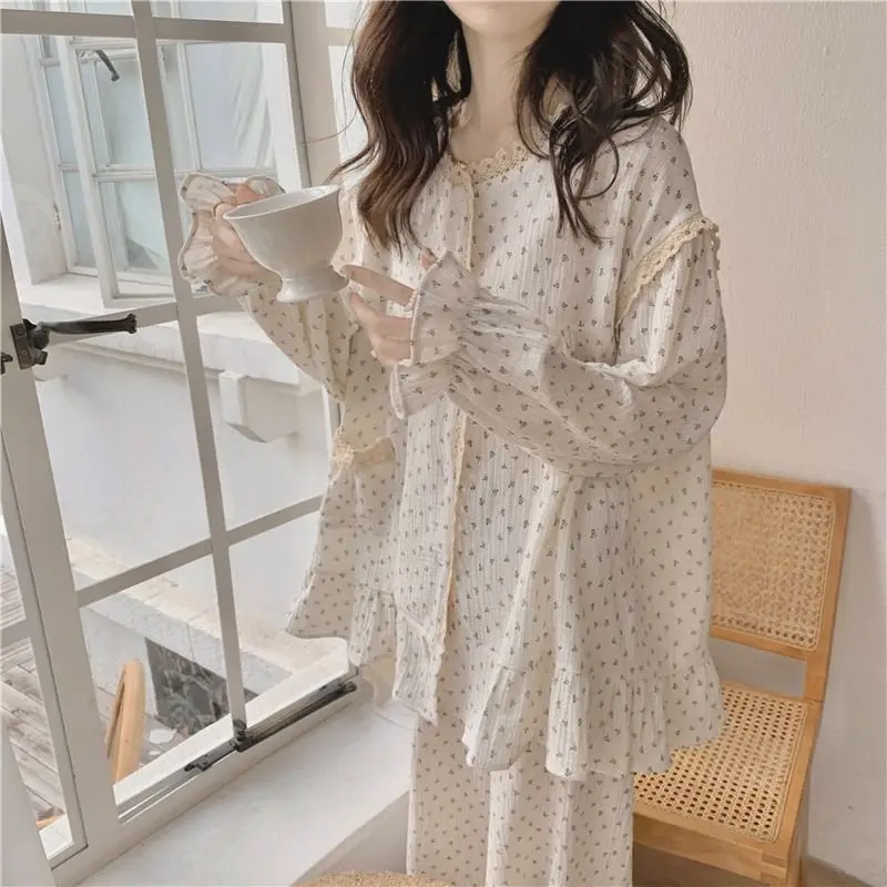 

Floral Lace Sleepwear Women Pajama Suit Fashion Autumn Long Sleeve Sets for Women 2 Pieces Korean Button Pocket Piiama Pant 2023