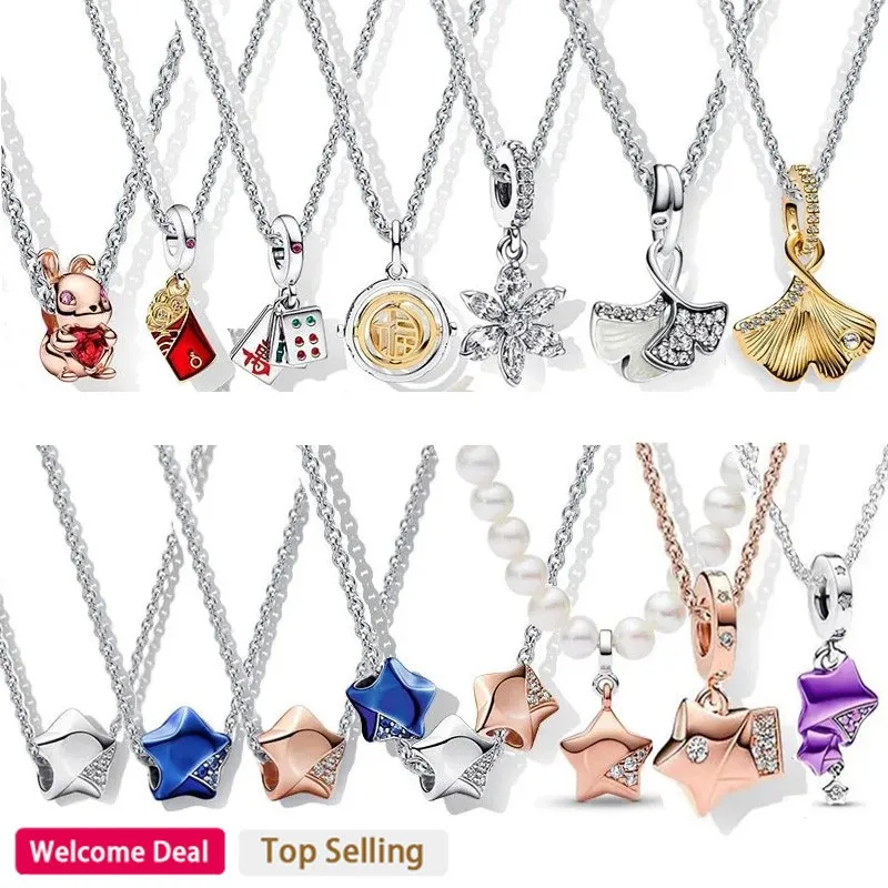 Women's Jewelry Original Logo 925 Sterling Silver Sparkling Star Lucky Rabbit Set Ginkgo Logo Necklace DIY Charm Jewelry Gift