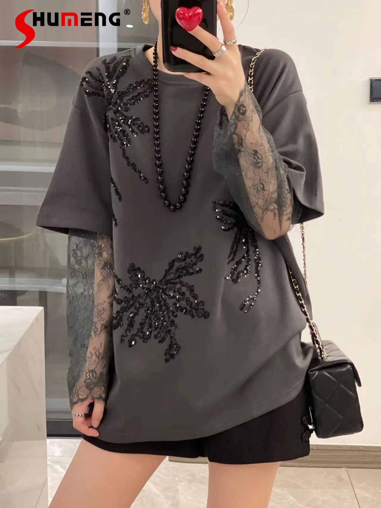 

Women's 2024 Summer New T-Shirts Bead Lace Splicing Long Sleeve Round Neck Embroidered T-shirt Trendy Feminine Solid Color Tops