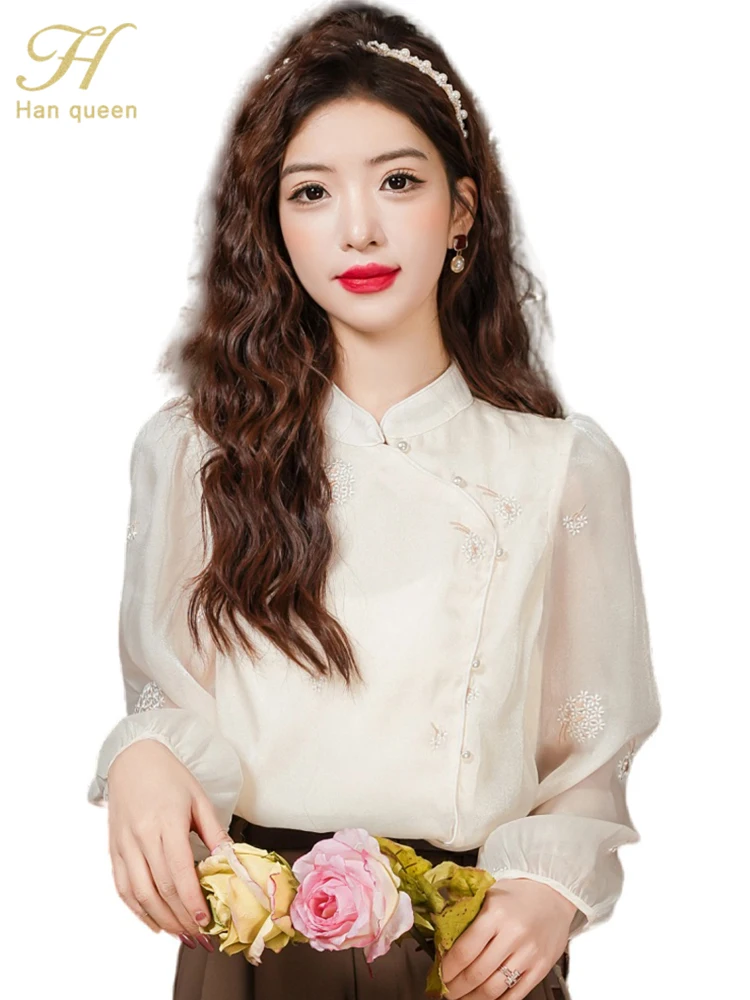 

Новинка 2024, женская одежда H Han Queen, топы, Офисная шифоновая блузка, рубашки с длинным рукавом, Повседневная Популярная Корейская одежда, свободные блузки