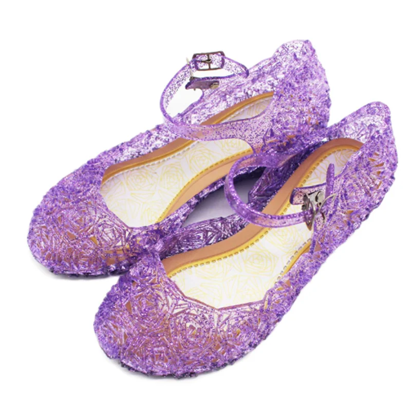 

Girls Bling Fashionable Promotion Sandals Buckle Strap Round Toe Princess Jelly Shoes Wedges Cut-Out Breathable Dancing Purple