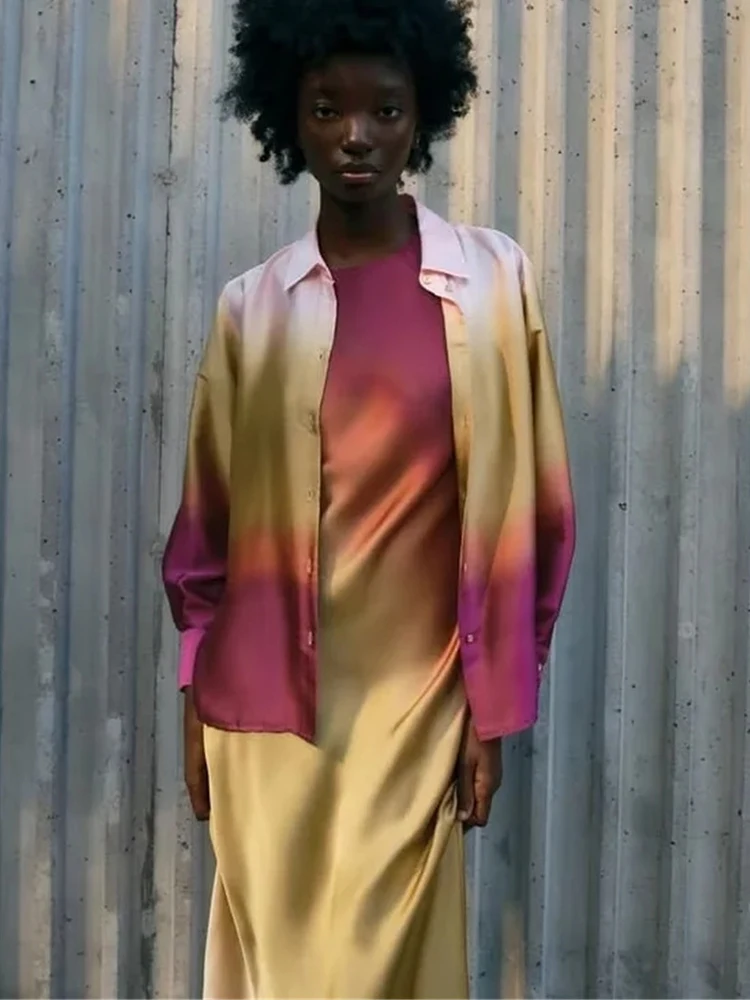 

Casual Satin Tie-Dyed 2Piece Sets Women Fashion Chic Lapel Shirt and Sleeveless Long Dress 2023 Summer Female Midi Dresses Suits