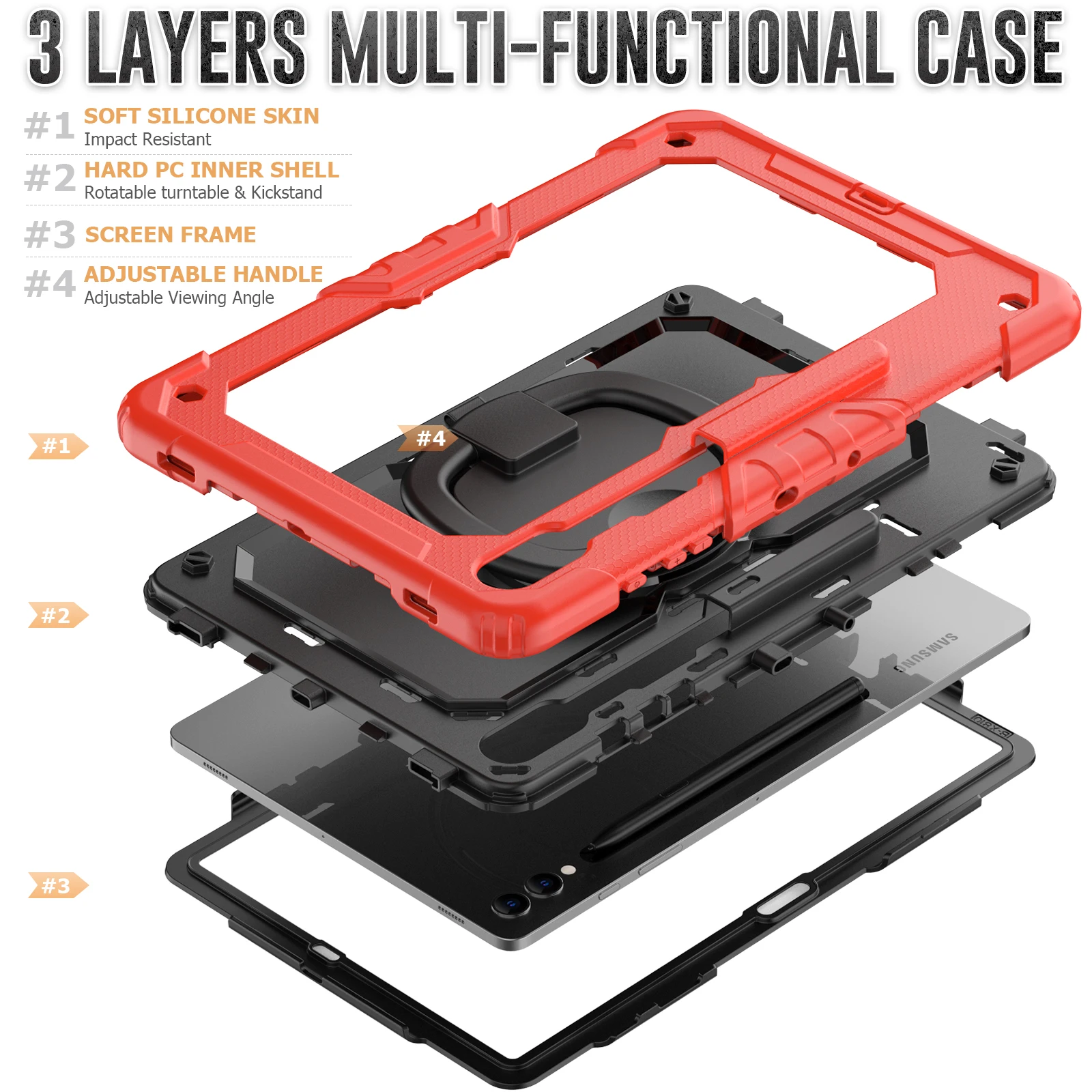 Heavy Duty 12.4-Inch Tablet Case with 360° Rotatable Bracket