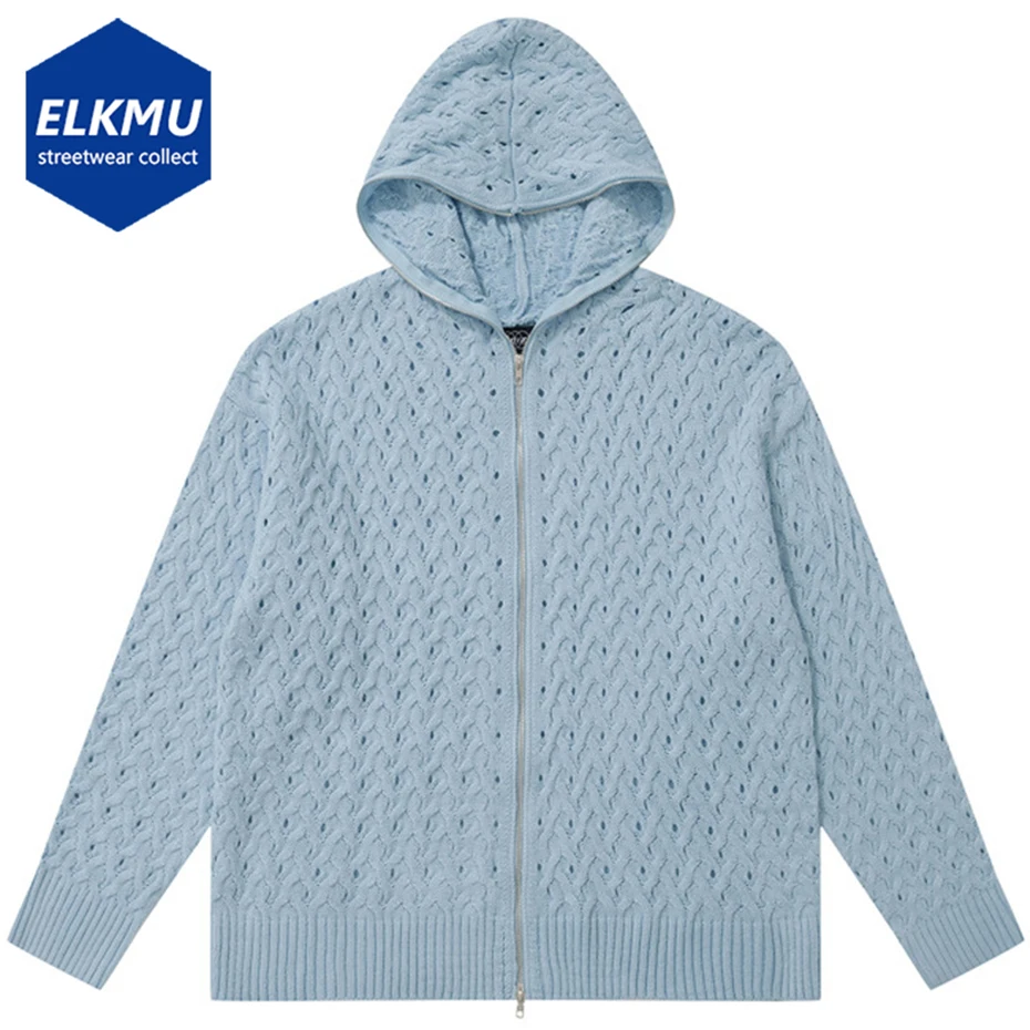

Hollow Out Hooded Sweater Cardigan Oversized Hip Hop Streetwear Knitted Sweaters Men Loose Harajuku Y2K Sweater Knit Jumper