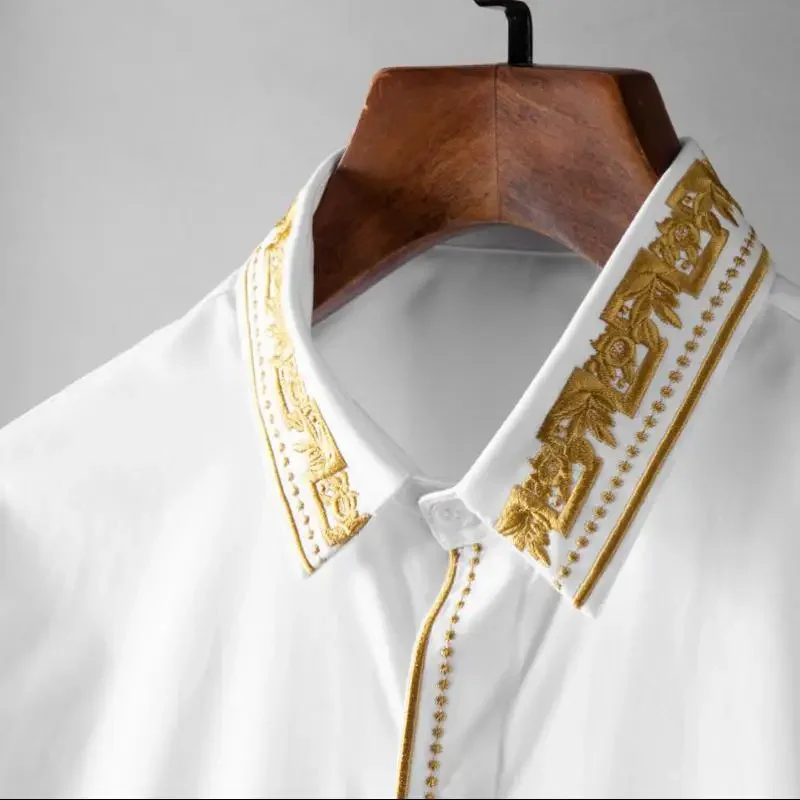 Cotton Long Sleeve Male Shirts Luxury Solid Color Floral Embroidery Casual Mens Dress Shirts Slim Fit Party Man Shirts