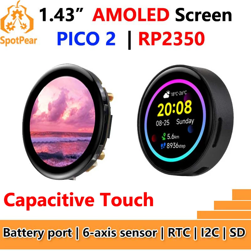 Raspberry Pi Pico 2 RP2350 1.43inch AMOLED Touch Screen Development Board 1.43 inch Display QMI8658 6-Axis / PCF85063 RTC / SD
