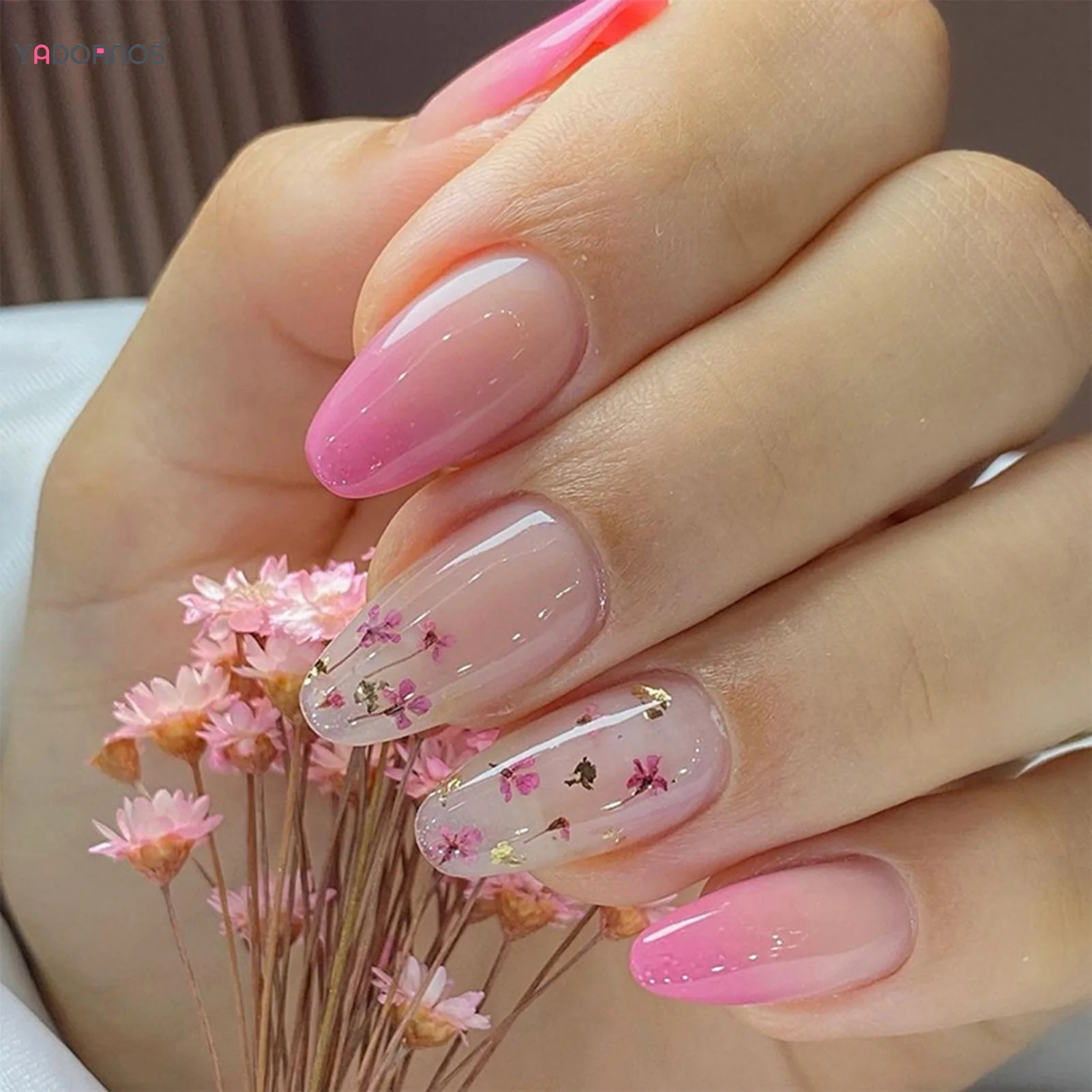 Uñas postizas de cobertura completa para mujer, 24 piezas, diseño de flores rosas degradadas, primavera y verano, 2023