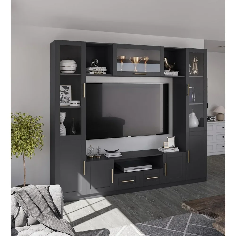 Entertainment Wall Unit, Multifunctional TV Stand with Tempered Glass Door, Up-Flip Door & Shelves, Large Console Storage 4
