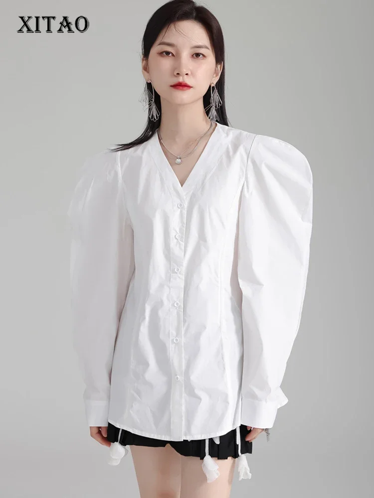 

XITAO V-neck White Color Shirt Puff Sleeve Personality Turn Down Collar Fashion Patchwork Women New All-match Shirt DMJ3356