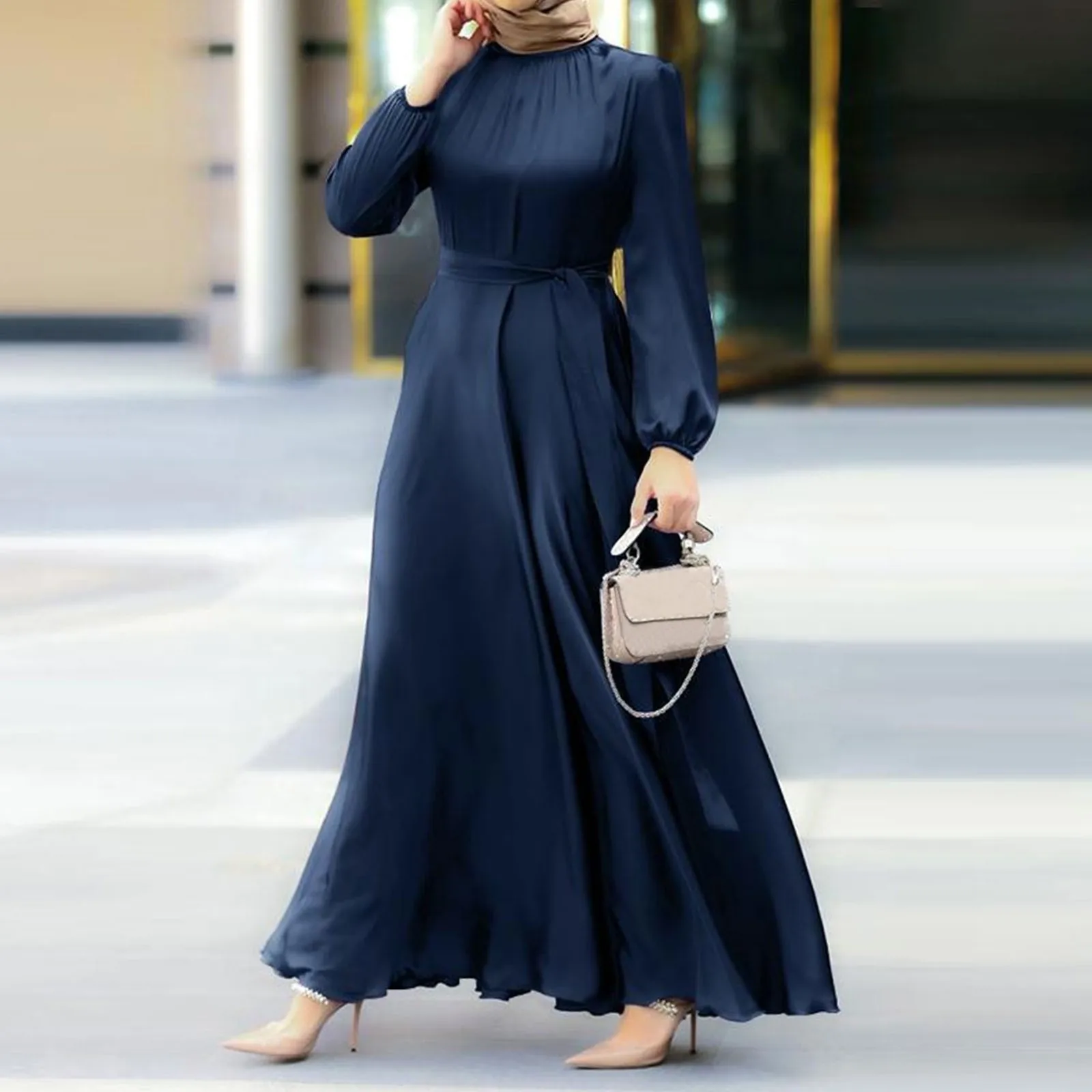 

Women Muslim Dresses 2024 Fashion Autumn Sundress Satin Party Vestidos Elegant Long Sleeve Maxi Dress Belted Robe Turkey Abaya