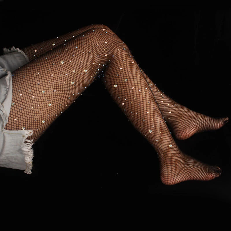 Shiny Women Sexy Stockings Tights Rhinestone Mesh Fishnet Pantyhose Plus Size Bling Female Small Slim Tights Hosiery