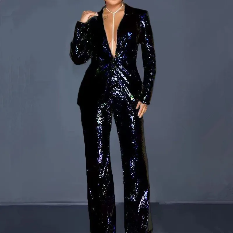 Set Woman 2 Pieces African Outfits Sequins Blazer and High Waist Wide Leg Pants Sets 2023 Fall Winter Fashion OL Business Suit