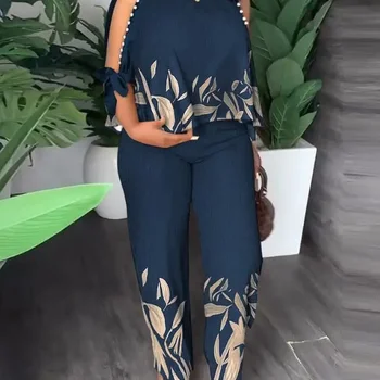 스플릿 슬리브 O-넥 탑 및 캐주얼 스트레이트 레그 팬츠 세트, 여성 의상, 식물 프린트, 2023 여름 패션, 스트리트웨어, 투피스 세트