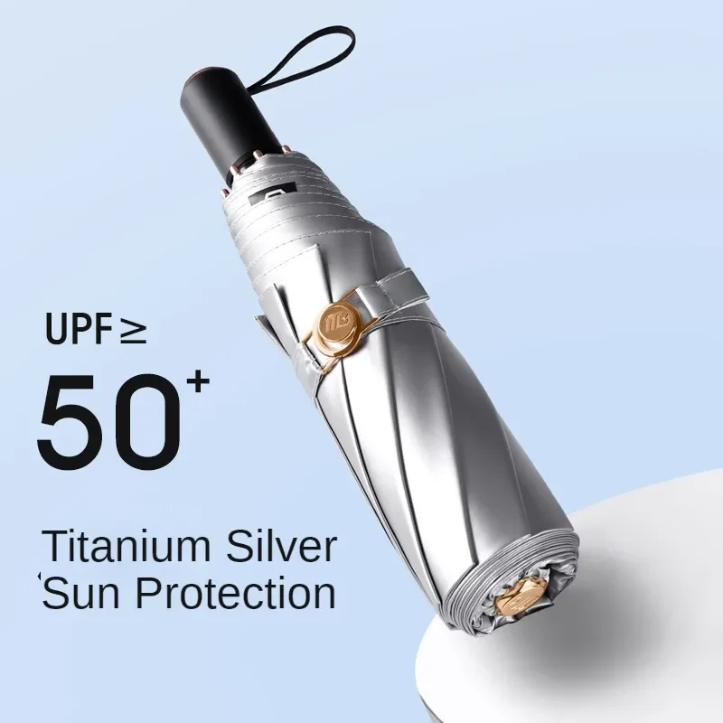Thickened Titanium Silver Sunshade Folding Umbrella, Sun UV Resistant, Windproof Waterproof, Sunny and Rainy Umbrella for Women