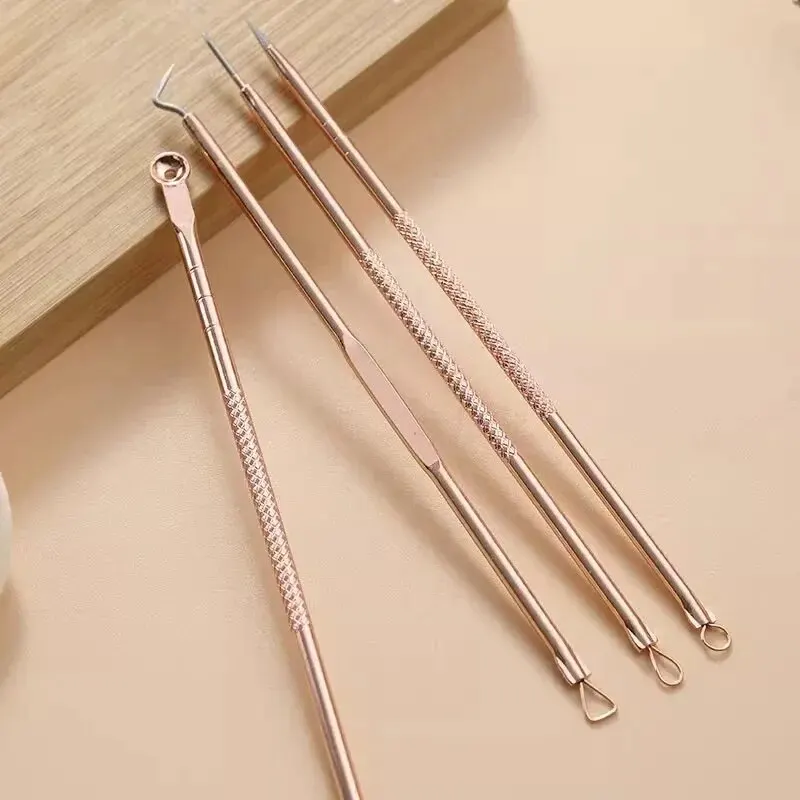 Rose Gold 4 Pcs Plating Double Head Acne Needle Black Head Removal Needle Portable Beauty Tool Set blackhead remover acne remover