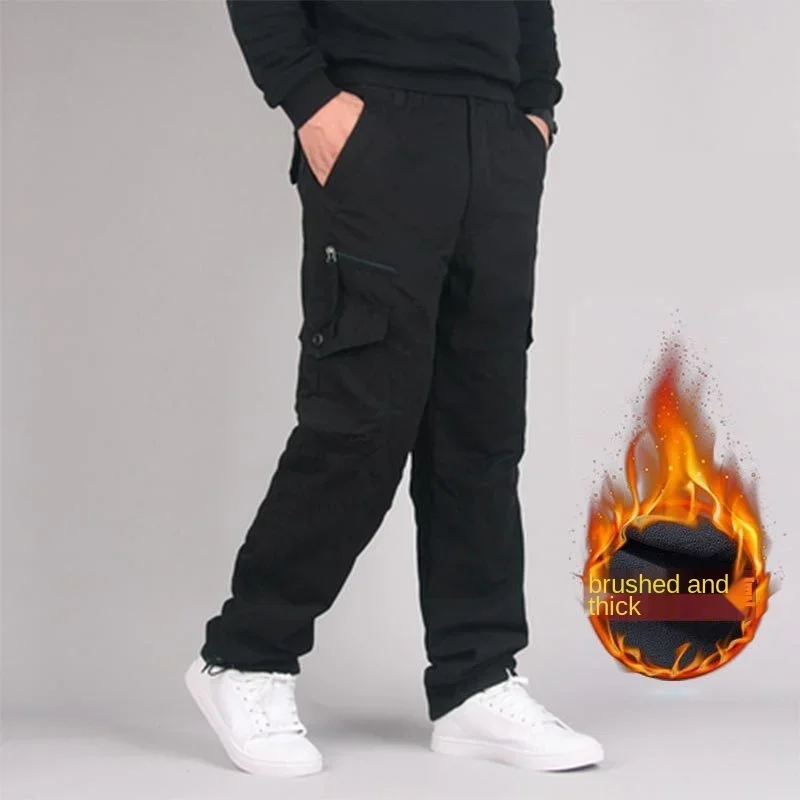 

Men Cargo Pants Fleece Thick Warm Multi Pocket Autumn Winter Military Army Zip Straight Slacks Long Trousers Outwear Sport Pants