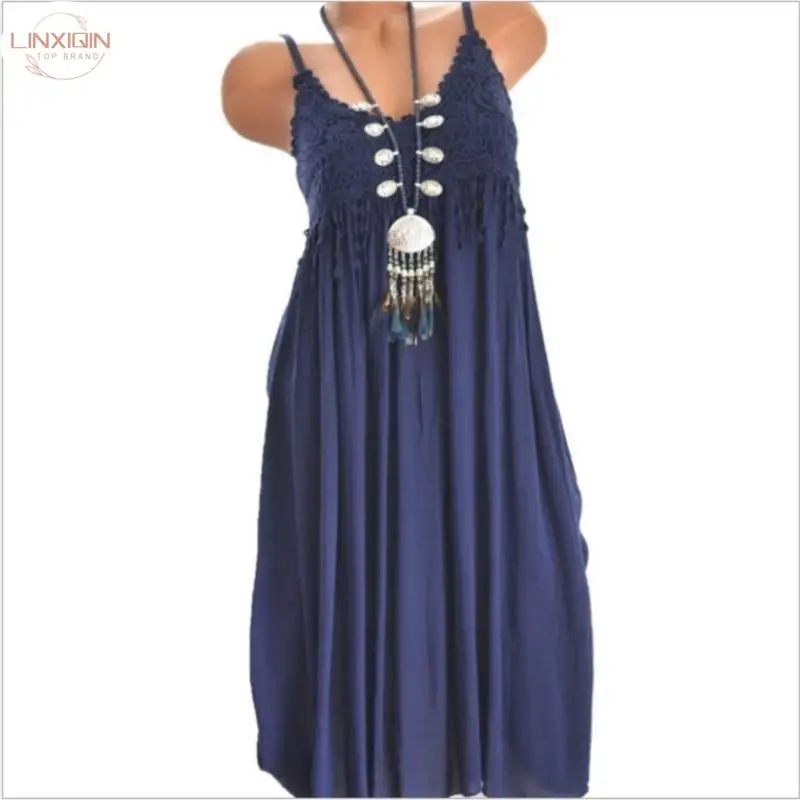 

LINXIQIN летний сарафан, белое кружевное длинное пляжное платье, спагетти на бретелях, вышивка крючком, сексуальное богемное платье 2024 5XL Vestidos