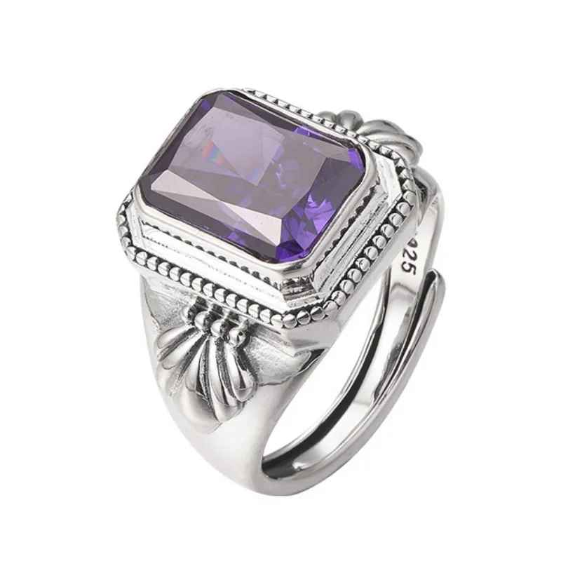 S925 sterling silver charms rings for women men new fashion relief pattern inlaid square Natural amethyst jewelry free shipping