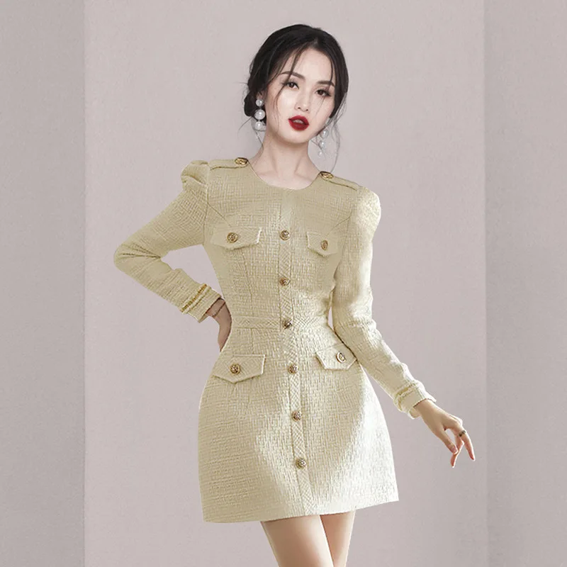 

Women's Spring and Autumn Tweed Long sleeved Dress 2024 Small Fragrant Style Elegance Celebrity Slim Mini Dress