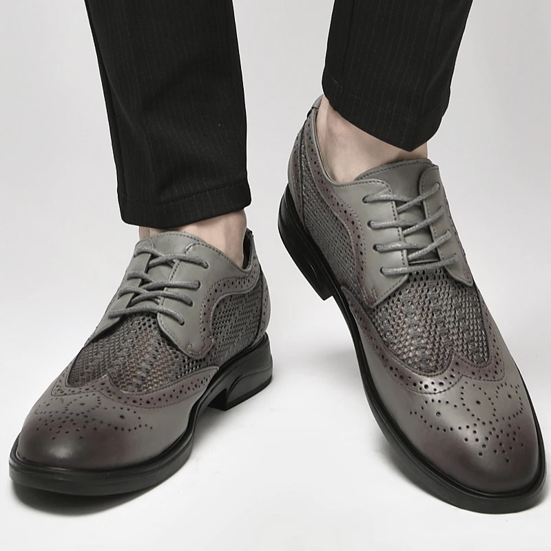 

Thick Soled Men Dress Shoes Spring Business Mesh Breathable Man Fashion Casual Shoes Genuine Leather Oxfords Office Brogue Shoes