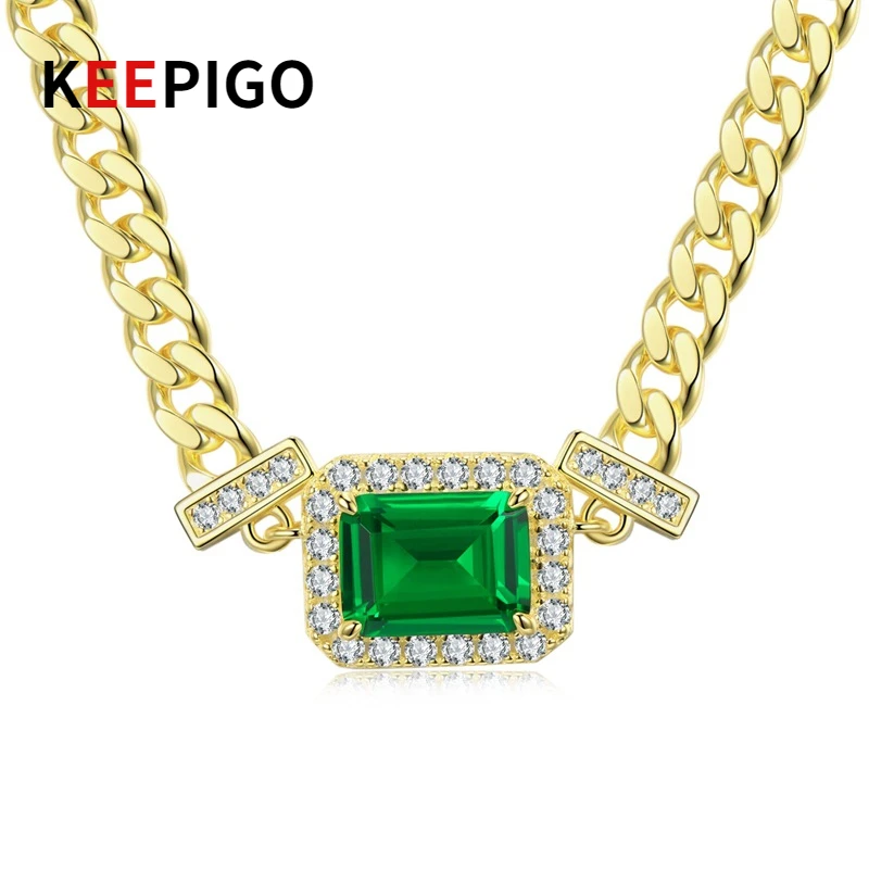 

KEEPIGO S925 Sterling Silver Synthetic Emerald 1ct High Carbon Diamond Square Pendant Necklace Sparkling Wedding Fine Jewelry