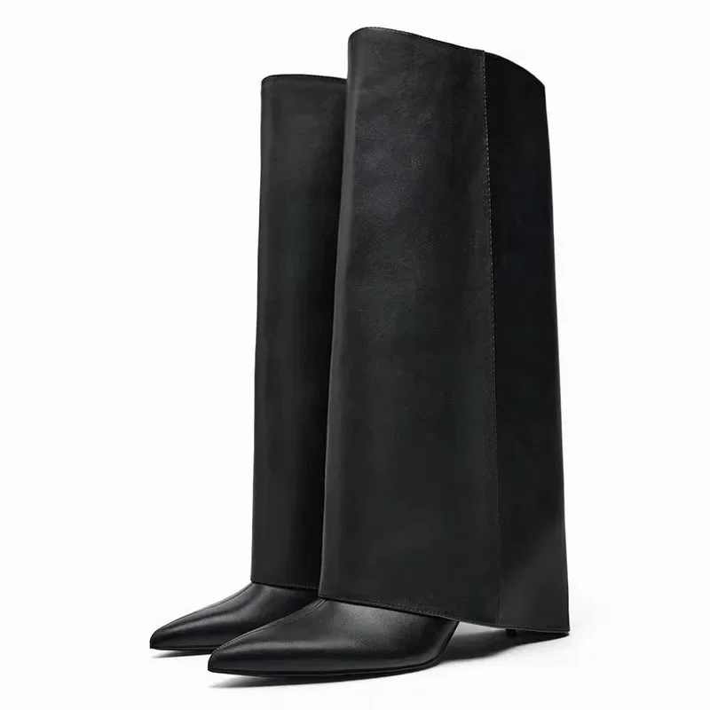Womens Boots Fashion Leather Punk Chelsea Boots Chunky High Boots for Women Pointed Toe Boot New Designer Pumps Knee High Botas
