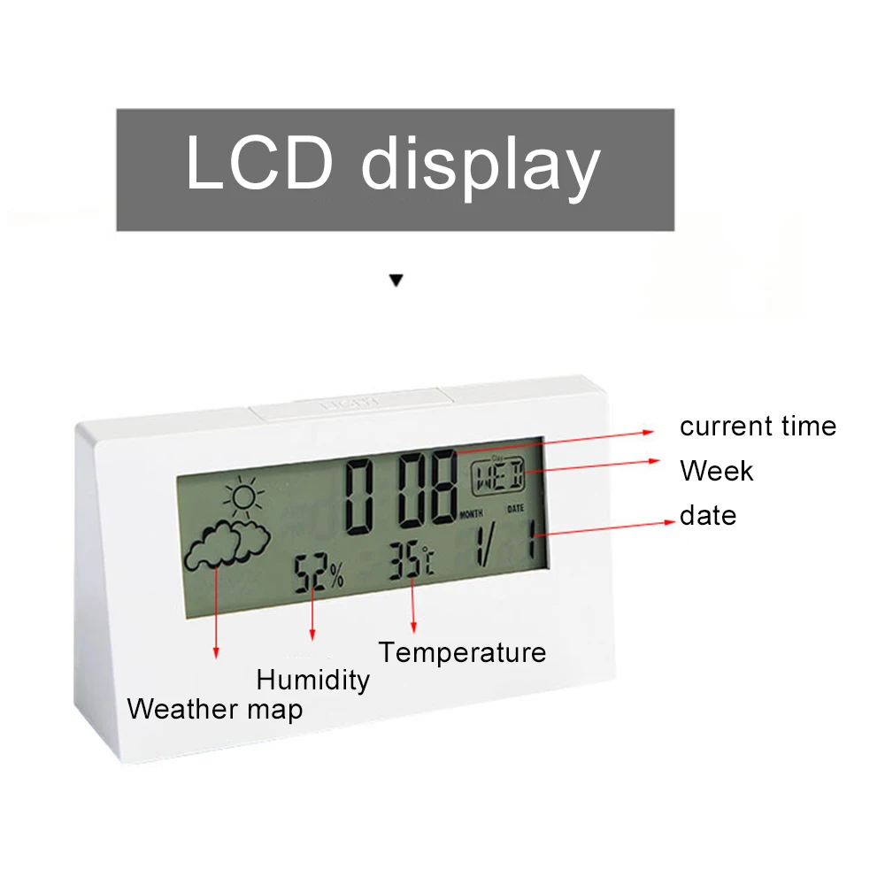 LCD 스크린 디지털 온도계, 다기능 전자 온도 습도 계량기, 가정 알람 시계, 어린이 학생용