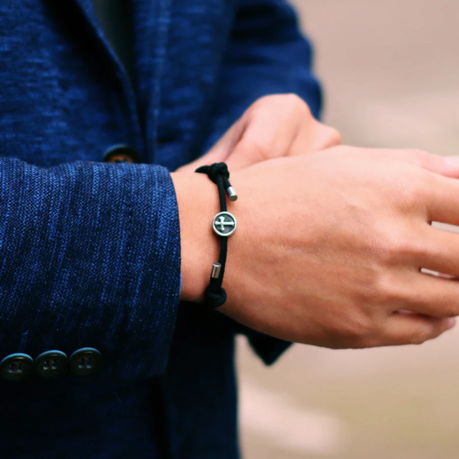 Stainless Steel Viking Cross Mens Bracelet Adjustable Rope