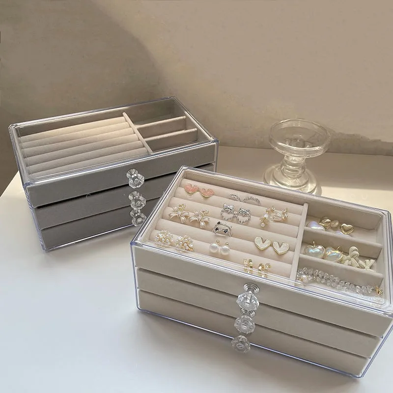 Simple Fashion 3-Layer Dust-Proof Acrylic Velvet Jewelry Organizer Box for Elegant Display and Storage Desktop Jewlery Boxes