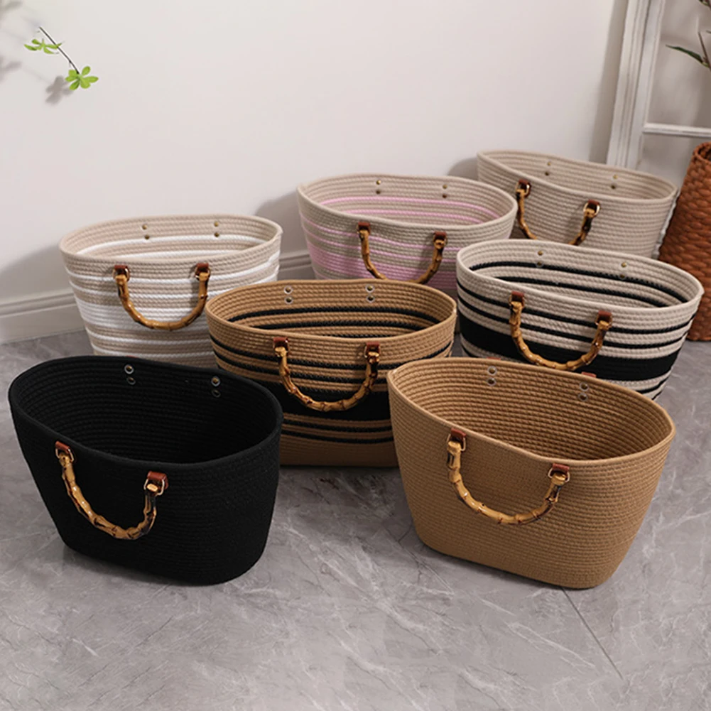 Holiday Hand Bag Bamboo Handle Women Weaving Bag Large Capacity Striped Portable Casual Fashion Exquisite for Seaside Party