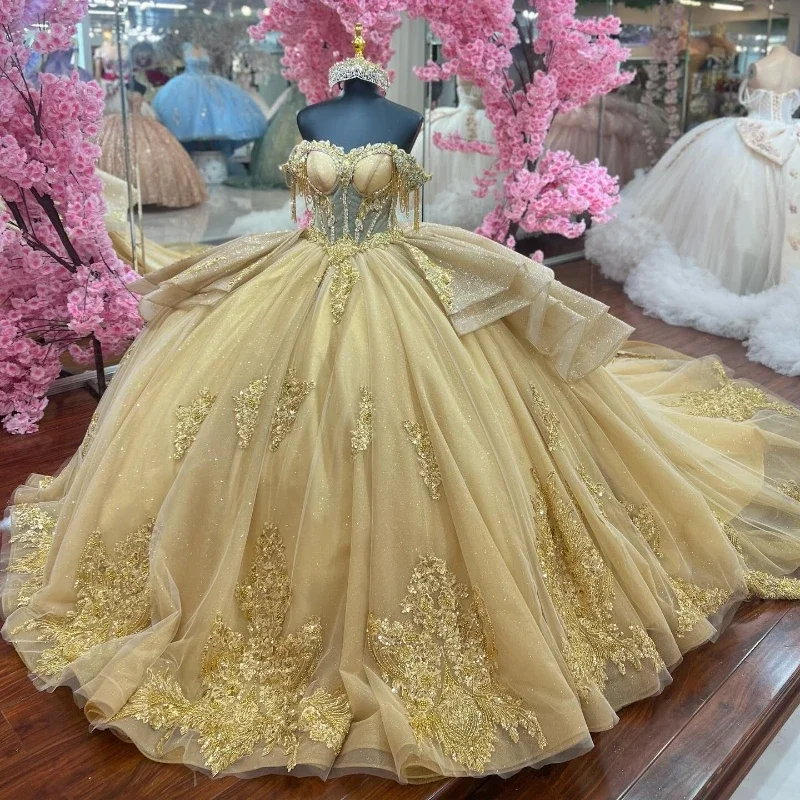 ANGELSBRIDEP Gold Ball Gown Quinceanera Dress Off Shoulder Appliques Lace Crystal Beads Tull Vestido De 15 A&ntilde;os Customized