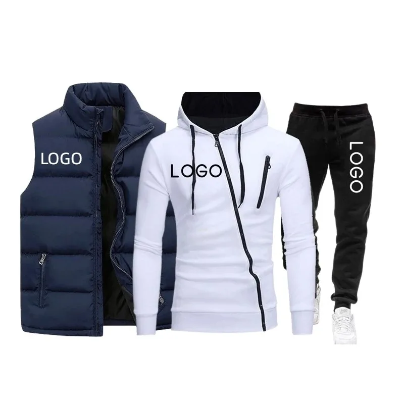 

Custom Logo Autumn Winter Men's 3 Piece Set Hoodie+Sweatpants+Vest Male Causal Tracksuit Outfits Thick Warm Male Jogging Suit