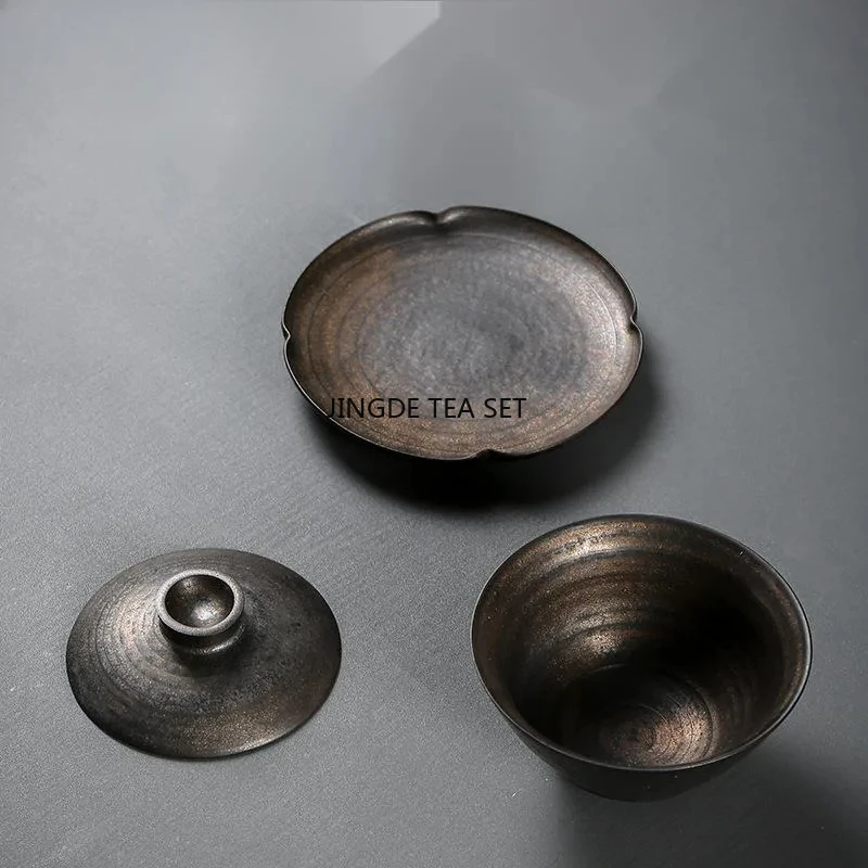 150ml ceramic handmade gold-plated lid bowl traditional iron glazed coarse tea lid bowl tea ceremony accessories