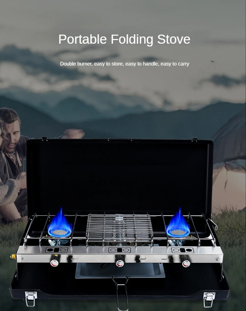 Fornello Da Campeggio Pieghevole A Gas - 2 Bruciatori Con Griglia - Portatile Per Escursionismo, Caccia E Picnic - Foto 14