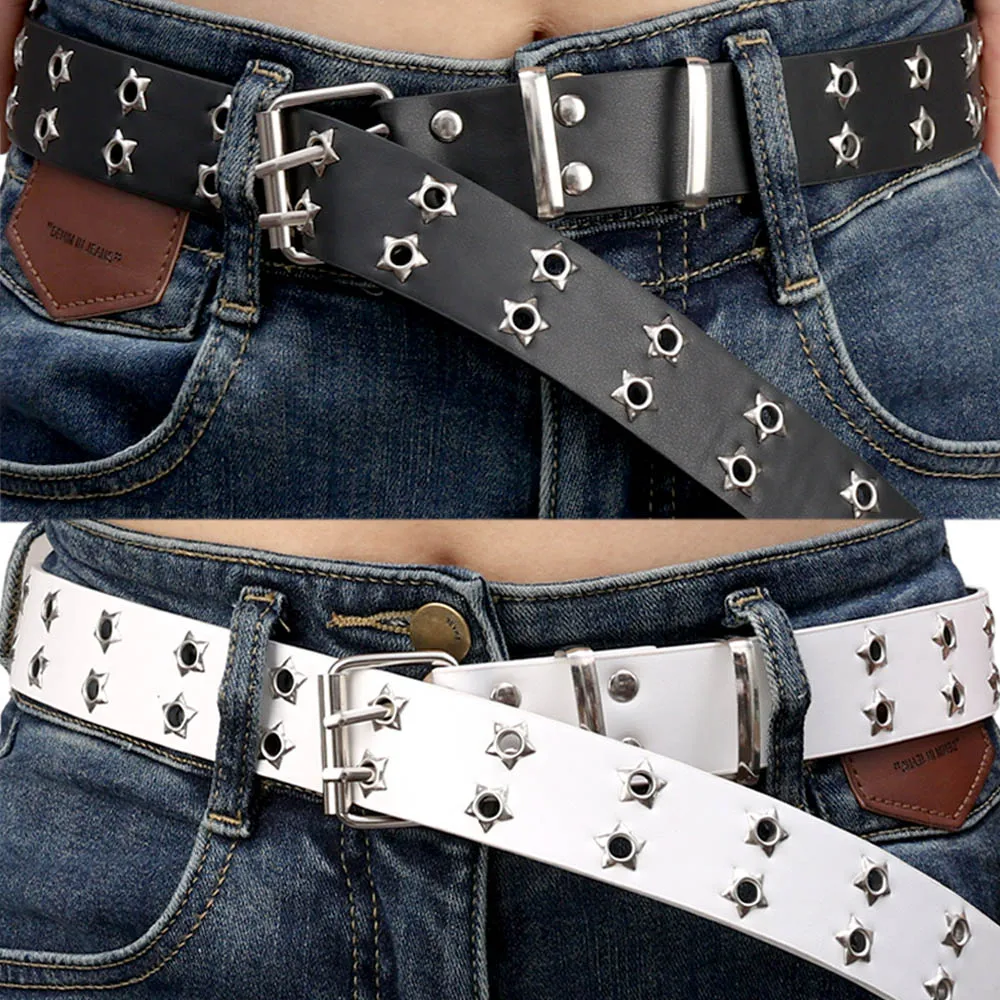 110 cm Taillengürtel Y2K Punk Nieten Ledergürtel Damen Herren Stern PU Schwarz Weiß Hüftgurt Zweireihig Hohl für Jeans Rock Dekor