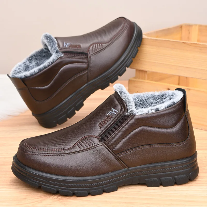 New Leather Boots Waterproof Anti Slip Snow Boots Men's Cotton Shoes Warmth Thickened Cotton Short Boots