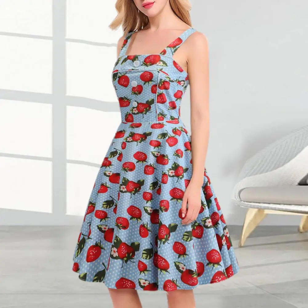 

Women Strawberry Print Dress Women Backless Dress Strawberry Print A-line Prom Dress with Vintage Button Decor for Women