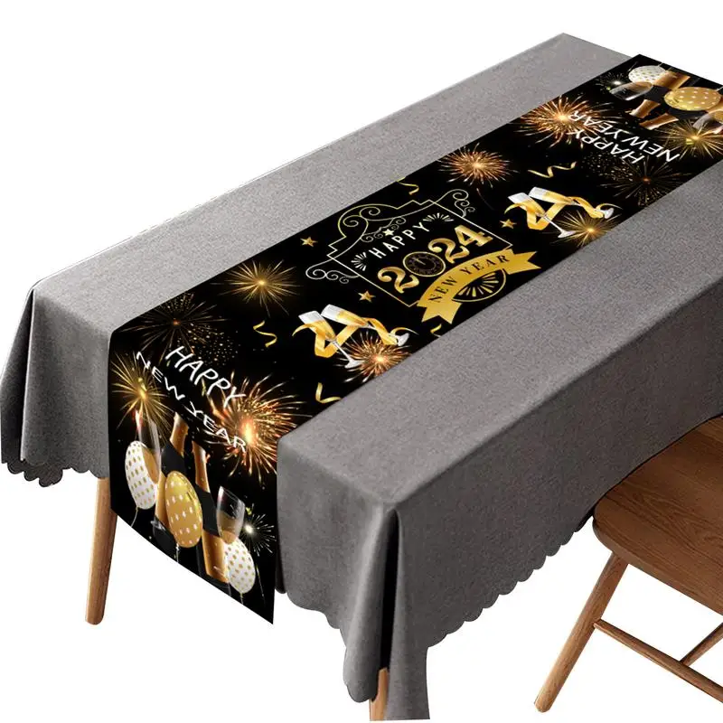 

Happy New Year Table Runner 2024 Black & Gold Tabelcloth Multifunctional New Background Dinning Table Decor For Kitchen Supplies