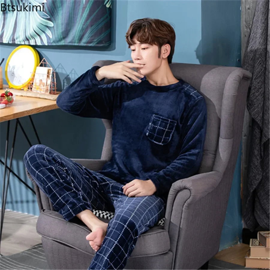 New 2024 Autumn Winter Long Sleeve Thick Warm Flannel Pajama Sets for Men Coral Velvet Soft Sleepwear Suit Pyjamas Homewear Male new 2021 autumn winter warm flannel women pyjamas sets thick coral velvet long sleeve cartoon sleepwear flannel pajamas set girl