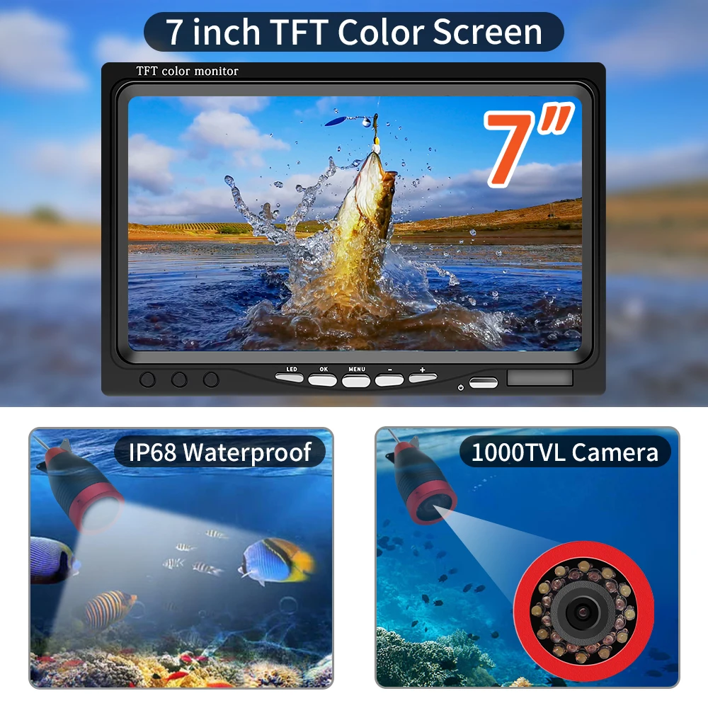 7 Inch DVR Underwater Fishing Camera 15M Infrared 24PCS Lights Waterproof Fish Finder Camera Winter Ice Fishing