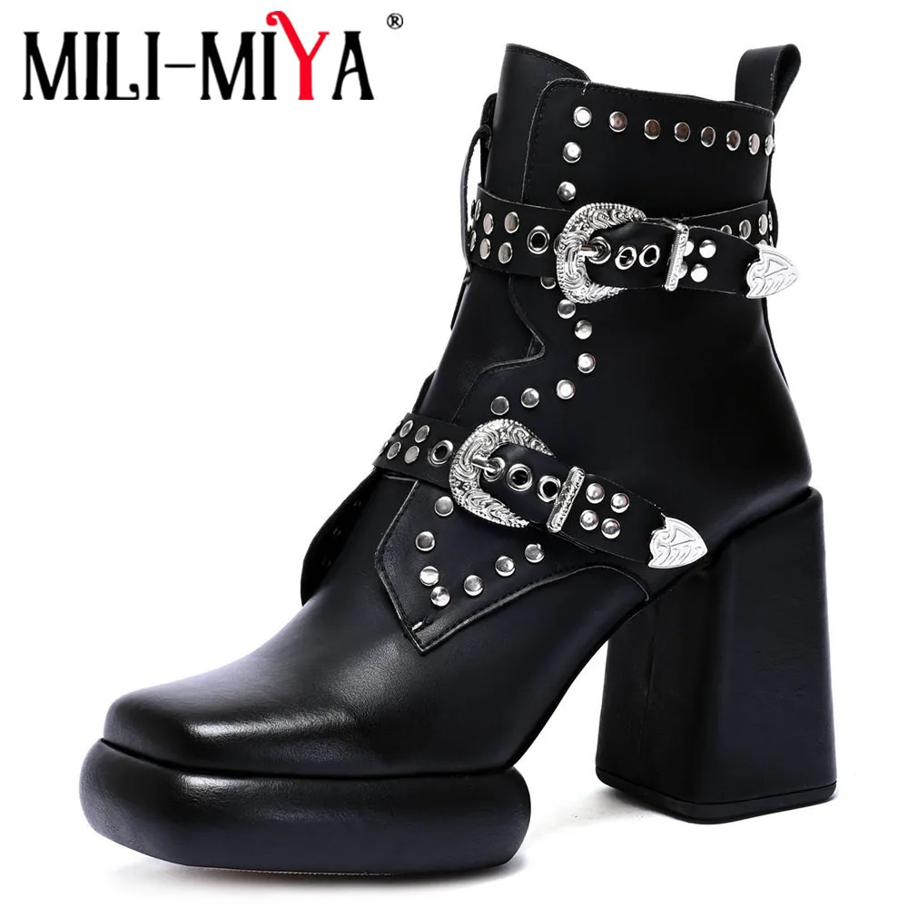 

MILI-MIYA Fashion Metal Rivet Women Cow Leather Ankle Boots Square Toe Zippers Solid Color Punk Style Thick Heels Casual Street