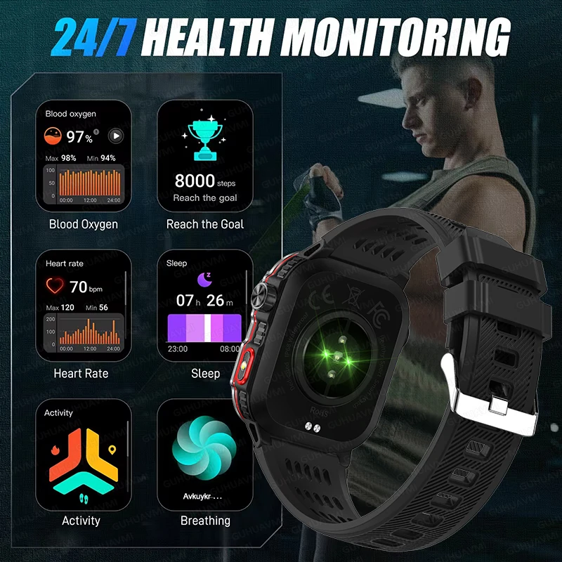 New 2.01-inch Outdoor Men Smart Watch 3ATM Waterproof 600Mah Battery Compass LED Flashlight Bluetooth Call Smartwatch For Xiaomi 4