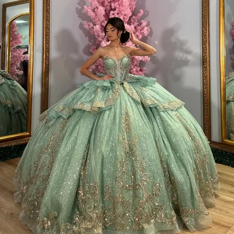 ANGELSBRIDEP Sage Green Quinceanera Dresses Crystals Beading Gold Applique Lace Bow Vestidos De 15 Anos Birthday Customized