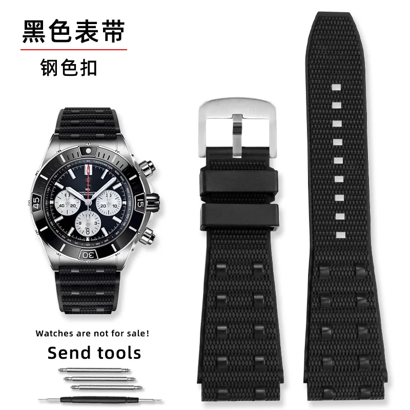 Premium Rubber Watch Strap - Durable Fluororubber in Black & Blue, 22mm/24mm
