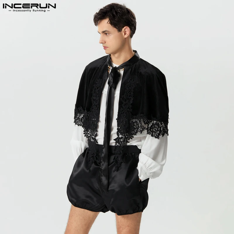 

INCERUN Men Cloak Coats Lace Velour Patchwork Lace Up Casual Male Ponchos Streetwear 2023 Personality Fashion Cape Crop Trench